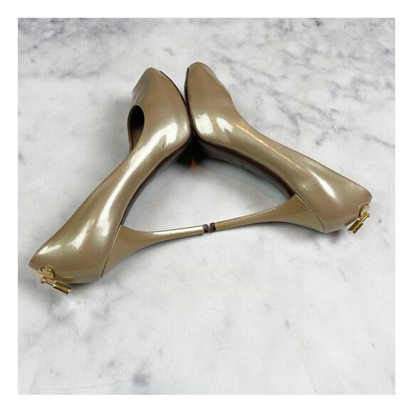 Louis Vuitton Oh Really! Beige Patent Leather Peep Toe Pumps Gold LV Padlock - Picture 9 of 14